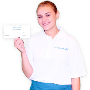 cleaner holding a gift certificate