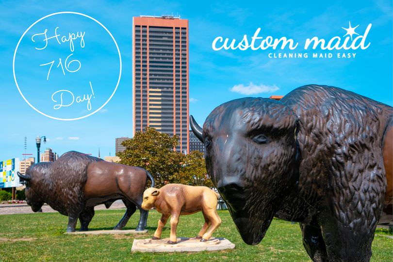 happy 716 day image with buffalo ny in background and 3 buffalo statues in foreground 